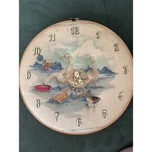 VTG Handmade Clock Hoop Art‎ Wall Hanging Decor Cottagecore Duck Country Farm